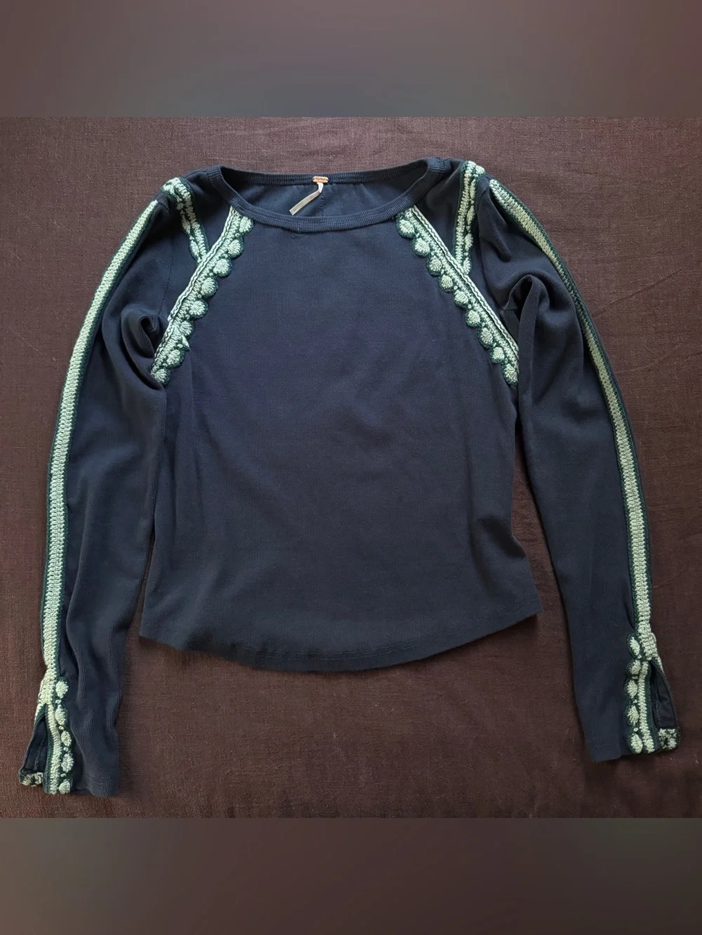 Free People Lost Love Long Sleeve Top Navy Crochet Trim Size L